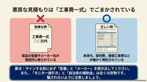 蓄電池の工事費一式と書かれた危険な見積もりと、内訳が明記された正しい見積もりの対比図