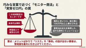 蓄電池のモニター商法における「本体代無料」や「実質0円」の甘い言葉の裏に隠されたリスクの比較図