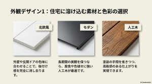北欧風、モダン、人工木など、住宅外観に合わせた蓄電池カバーの素材例