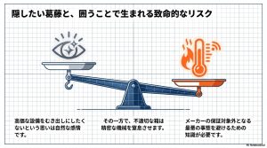 蓄電池の見た目の良さと、熱のこもりやメーカー保証対象外となるリスクを天秤にかけたインフォグラフィック