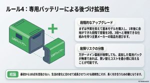 ポータブル電源に専用バッテリーを追加して容量を段階的にアップグレードするイメージ図
