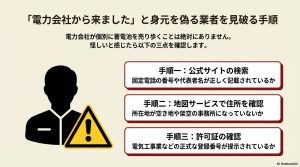 電力会社などを装う怪しい業者を確認するための公式サイト検索・住所確認・許可証確認の3ステップ