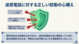 営業テクニックに惑わされないための正しい防衛の心構えを示すイラスト