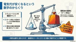 安くなる電気代とローンの支払いを天秤にかけたシミュレーションの罠の図