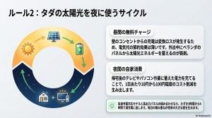 昼間に太陽光で無料チャージし夜間に自家消費するポータブル電源の節電サイクル図
