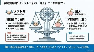 初期費用0円のソラトモと現金購入のコストや資産性の違いを比較した天秤のイラスト