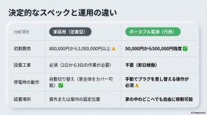 家庭用蓄電池とポータブル電源の初期費用、設置工事、停電時の動作、設置場所を比較した表
