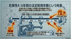 蓄電池設置から6年間の管理義務と、無断での売却・廃棄・移設が全額返還対象になるリスクを示す図解