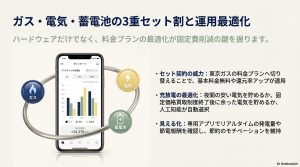 東京ガスのガス・電気・蓄電池セット割と専用アプリによるエネルギー見える化のイメージ