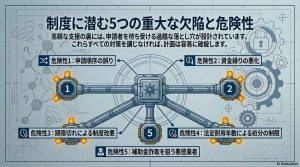申請順序、資金繰り、制度改悪、処分制限、悪徳業者の5つのリスクを警告するインフォグラフィック