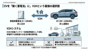電気自動車のバッテリーを家で使うV2Hシステムの仕組みと、蓄電池との容量比較・メリット解説図