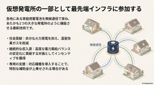 家庭用蓄電池をネットワークで繋ぎ仮想発電所（VPP）として機能させる最新技術の図解