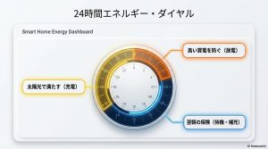 1日24時間のサイクルの中で、太陽光で充電する時間、放電して買電を防ぐ時間、深夜の補充待機時間を円形のダイヤルで示したスケジュール表。