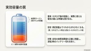 カタログ上の定格容量と、実際に使える「実効容量」の差（10〜20%少ない）を可視化し、夜間のバッテリー切れを防ぐための注意点を解説した図。
