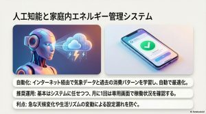 インターネット経由で気象データと過去の消費パターンを学習し、充放電を自動最適化するAI機能のイメージ図。