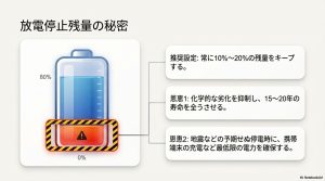 バッテリー寿命を15〜20年全うさせるために、常に10〜20%の残量をキープすることを推奨する図解。停電時の予備電力確保のメリットも記載。