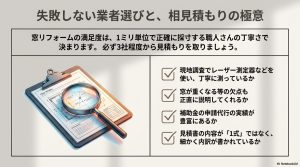 窓リフォーム業者選びのチェックリスト（レーザー測定、欠点説明、補助金実績、内訳詳細）