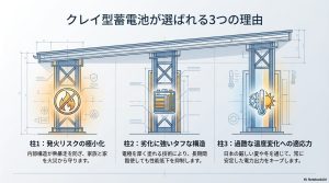 クレイ型蓄電池が選ばれる3つの理由（発火リスク極小化、タフな構造、温度変化への適応力）のイラスト解説。