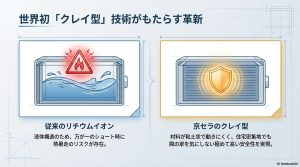 従来のリチウムイオン蓄電池（液体構造）と京セラのクレイ型（粘土状材料）のショート時のリスク比較図。