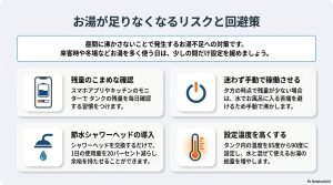 深夜のみ設定にした際のお湯不足リスクを回避するための、残量確認、節水シャワー導入、設定温度変更のポイント。