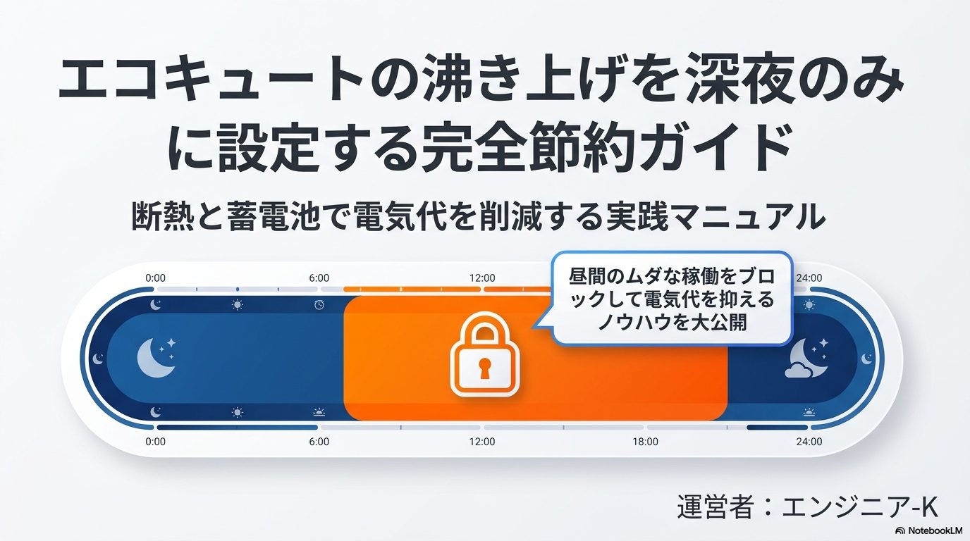 エコキュートの沸き上げを深夜のみに設定するための完全節約ガイドの表紙。昼間の稼働をブロックするノウハウを公開。