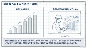 毎月上がる電気代のグラフと、ネット上の怪しいという口コミに対して客観的なデータで判断することを促すエンジニア-Kのイラスト。