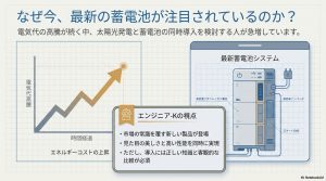 電気代高騰のグラフと最新蓄電池システムの構造。エンジニア-Kの視点による市場分析。