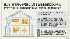 停電時に家中のコンセントが使える全負荷型システムの図解。200V家電対応とリン酸鉄リチウムイオン電池の安全性について。