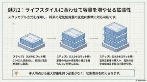 EP Cubeの蓄電容量拡張ステップ。6.6kWhから19.8kWhまでユニットを積み重ねるスタッカブル方式の説明。