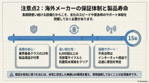 EP Cubeの保証体制と製品寿命。業界最長クラスの15年保証、6,000回以上の充放電サイクル、遠隔サポートの図解。