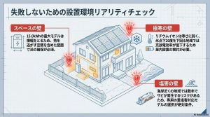 蓄電池設置時の3つの壁（スペース、極寒、塩害）を家のイラストと共に解説した図。