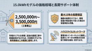 15.0kWhモデルの工事費込み実売価格相場（250万円〜350万円）と、15年保証、見守りサービスの解説図。