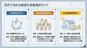 5.0kWh（初期費用抑制）、10.0kWh（標準的備え）、15.0kWh（完全自家消費）の目的別蓄電池容量選びのガイド。