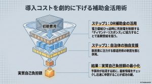 DR補助金と自治体の支援を併用して蓄電池の実質自己負担額を最小化するステップ図。