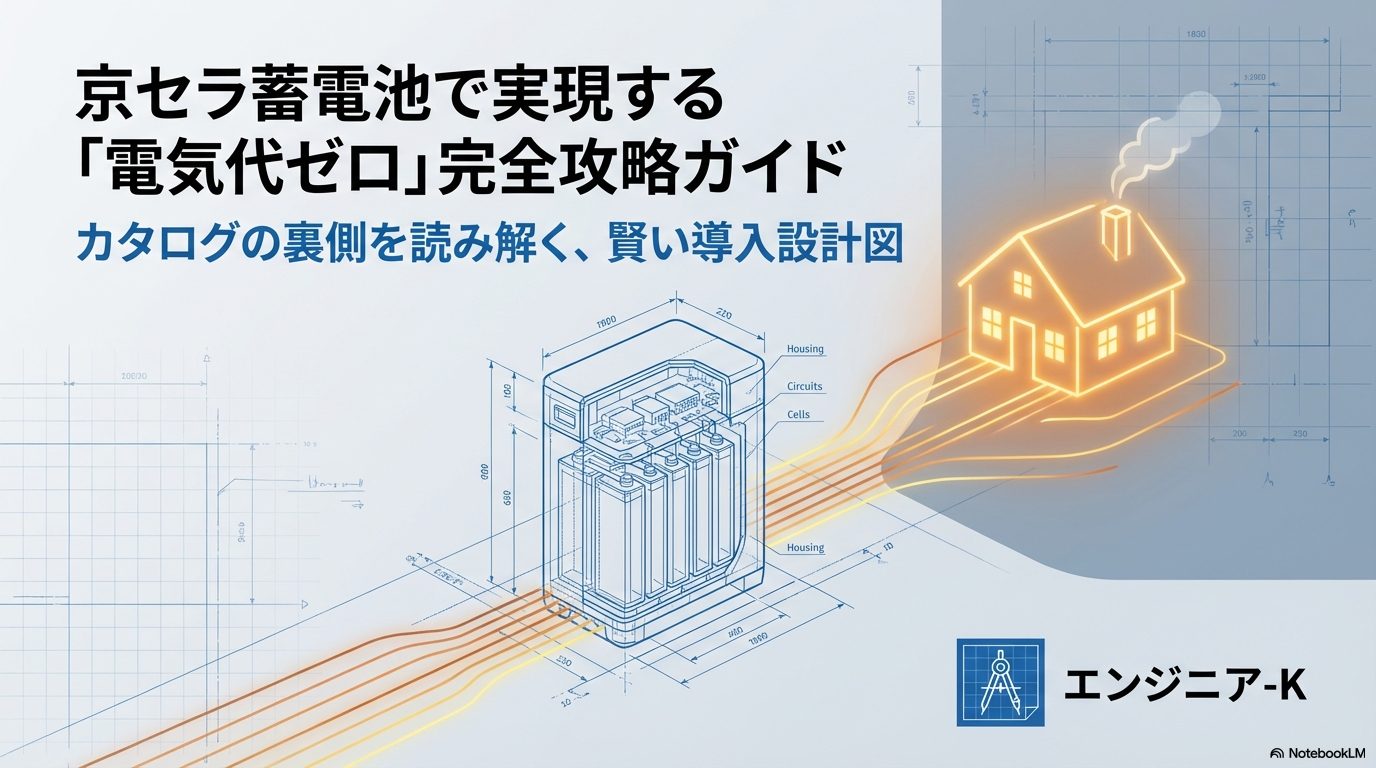 京セラ蓄電池で実現する電気代ゼロ完全攻略ガイドのタイトル画像。エンジニア-Kによる導入設計図のイメージ。
