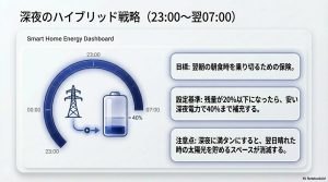 深夜の安い電力を使ってバッテリー残量を40%まで補充し、翌朝の保険とする設定基準。満タンにしすぎない注意点も解説。
