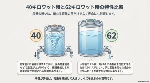 容量の違うバッテリー容器で負荷の分散（ストレス）の違いを表現した比較イラスト