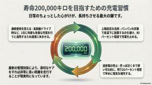 20万キロ走行を目指すための、80%充電や過放電防止などのサイクル図