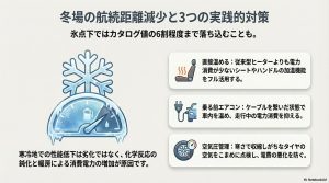 冬の航続距離低下の理由と、シートヒーター活用・乗る前エアコンなどの対策まとめ