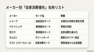 シャープ、パナソニック、京セラ、オムロン、テスラの各社における自家消費優先モードの名称と特徴をまとめた比較リスト。