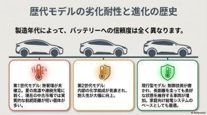 第1世代、第2世代、現行型リーフのバッテリー管理技術と信頼度の違いを並べた比較図