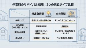 停電時の特定負荷型と全負荷型の供給エリア、200V家電対応、持続性、コストの比較表。