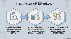 検針票のデータ抽出、削減額算出、HEMS連携による自家消費最適化の3ステップフロー図。