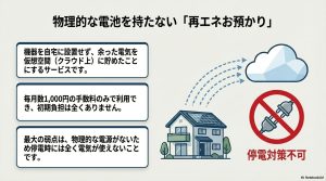 クラウド上に電気を貯める再エネお預かりサービスの仕組みと、停電対策が不可である弱点の解説。