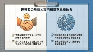 営業担当者の丁寧な対応と技術的な専門知識は別物であることを示し、不安な場合は技術者の見解を求めるべきと解説する図解