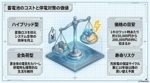 蓄電池のタイプ別特徴、1kW時あたりの価格目安、寿命リスクと買い替え予算について天秤を用いて解説した画像。