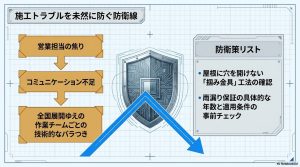 営業の焦りや技術のバラつきがトラブルを招く仕組みと、掴み金具工法の確認などの具体的な防衛策を示した図解。