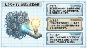 専門知識を噛み砕く教育体制を評価しつつも、説明の丁寧さと契約の妥当性は別問題であるとして、他社比較を促すアクションを示した図。
