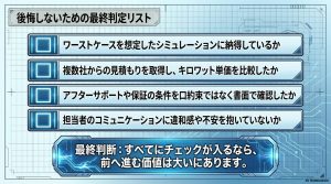 ワーストケース想定、キロワット単価の比較、書面での保証確認、担当者への信頼感の4項目をチェックする最終判定リスト。