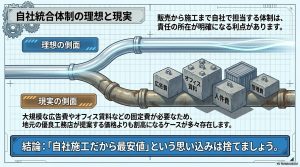 責任の所在が明確になる理想の側面と、広告費や人件費等の固定費により地元工務店より割高になる現実の側面を比較した図。
